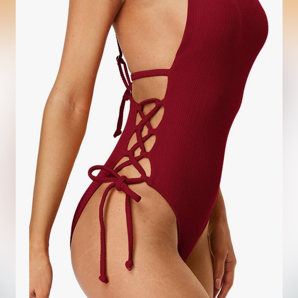 Red Lace-Up Swimsuit